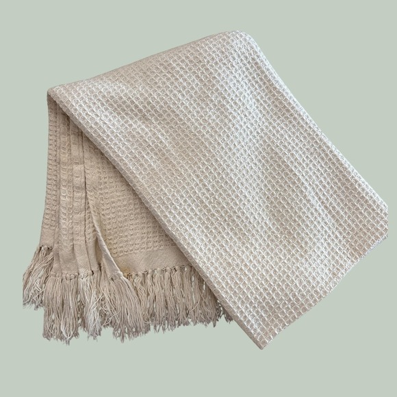 Ralph Lauren Other - Vintage Ralph Lauren Cream Waffle Weave Cotton Throw Blanket Fringe 54x72 USA